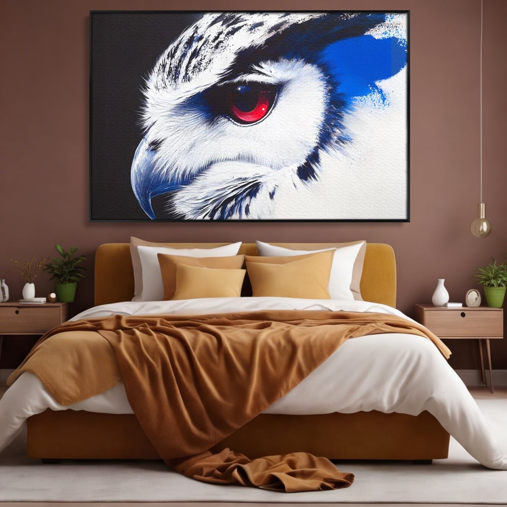 Leinwandbilder Premium, LuxCanva® M1091, Feuer in der Nacht Iris, Augen, Iris, Blick, Rot, Geheimnis, Weisheit, Textur, Tinte, Eule, Vogel, Portrait, Büro, Wohnen, Kinderzimmer