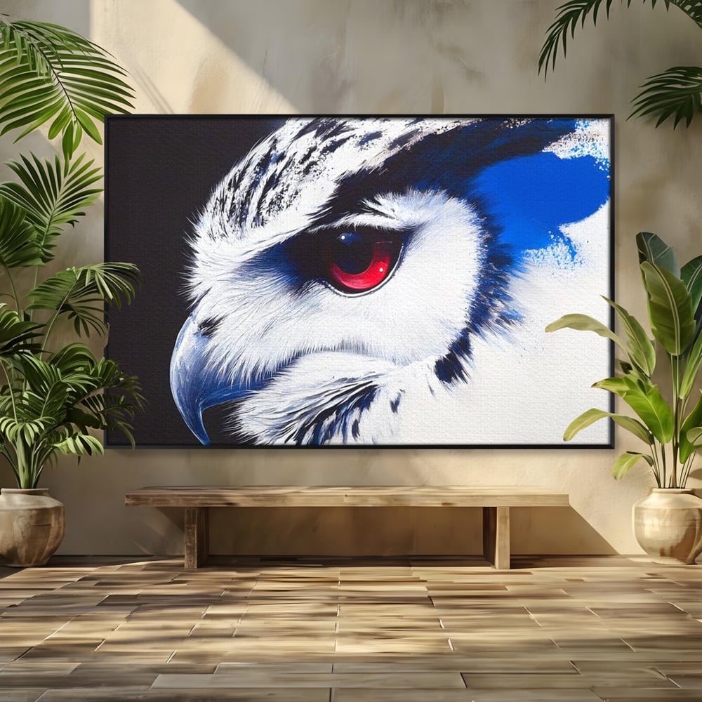 Leinwandbilder Premium, LuxCanva® M1091, Feuer in der Nacht Iris, Augen, Iris, Blick, Rot, Geheimnis, Weisheit, Textur, Tinte, Eule, Vogel, Portrait, Büro, Wohnen, Kinderzimmer