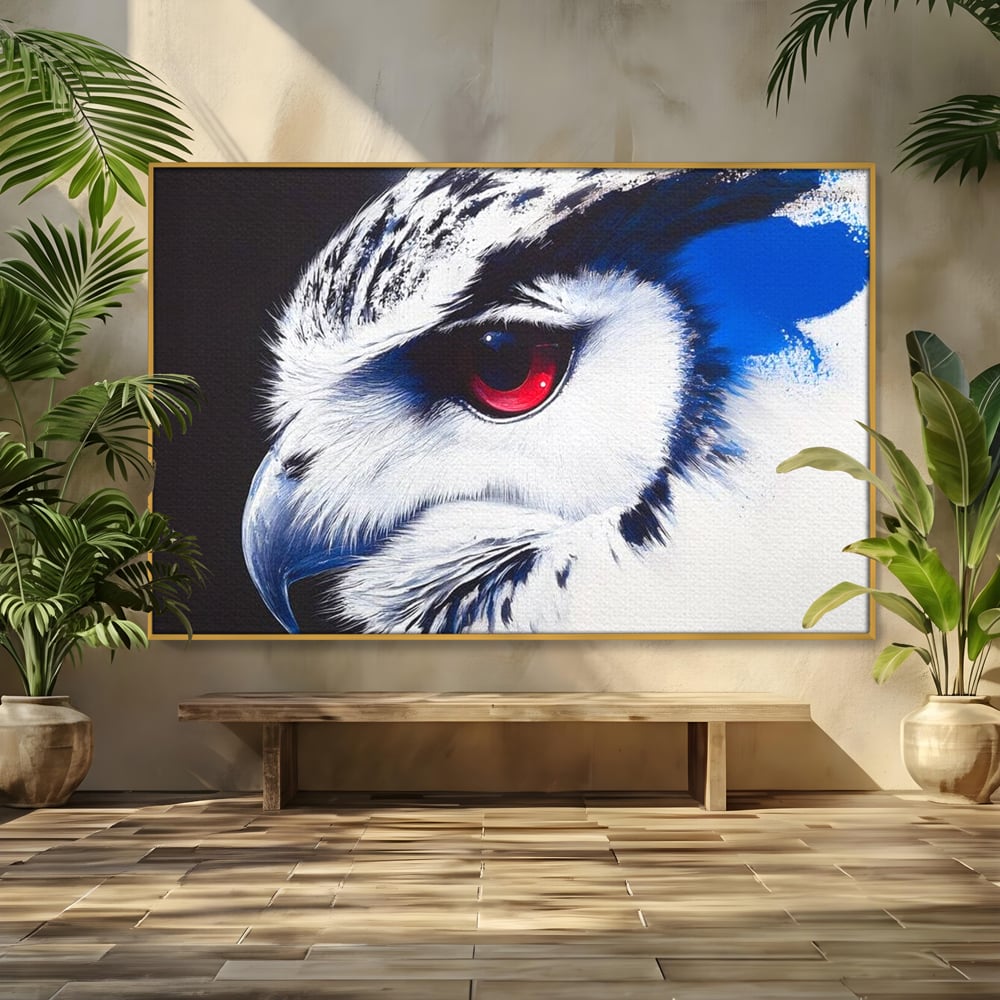 Leinwandbilder Premium, LuxCanva® M1091, Feuer in der Nacht Iris, Augen, Iris, Blick, Rot, Geheimnis, Weisheit, Textur, Tinte, Eule, Vogel, Portrait, Büro, Wohnen, Kinderzimmer