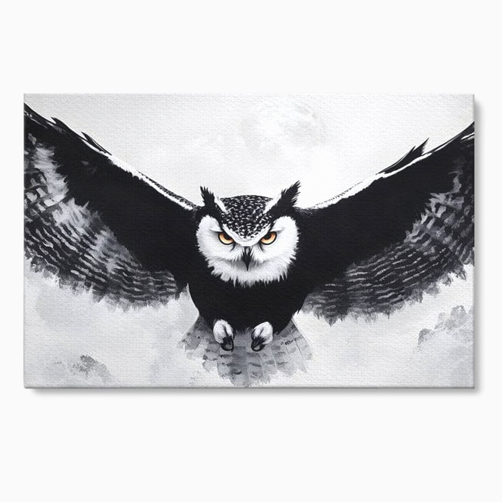 Leinwand Wandkunst Canvas Wall Art Premium, LuxCanva® M1092, Nachtrichter, Schwarz und Weiß, Flug, Flügel, Vogel, Krallen, Klauen, Eule, Kraft, Motivation, Schatten, Blick, Büro, Wohnen, Kinderzimmer