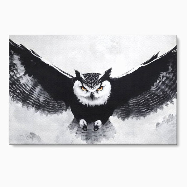 Leinwand Wandkunst Canvas Wall Art Premium, LuxCanva® M1092, Nachtrichter, Schwarz und Weiß, Flug, Flügel, Vogel, Krallen, Klauen, Eule, Kraft, Motivation, Schatten, Blick, Büro, Wohnen, Kinderzimmer