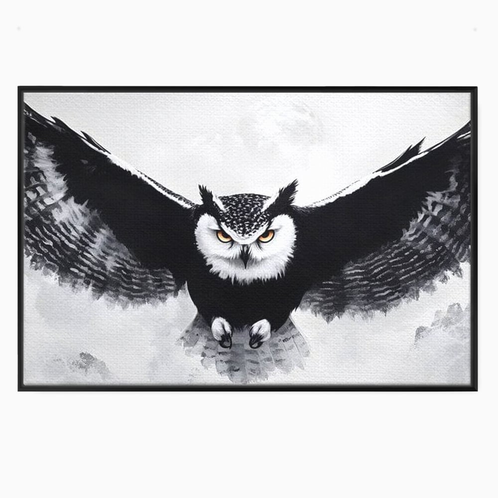 Leinwand Wandkunst Canvas Wall Art Premium, LuxCanva® M1092, Nachtrichter, Schwarz und Weiß, Flug, Flügel, Vogel, Krallen, Klauen, Eule, Kraft, Motivation, Schatten, Blick, Büro, Wohnen, Kinderzimmer
