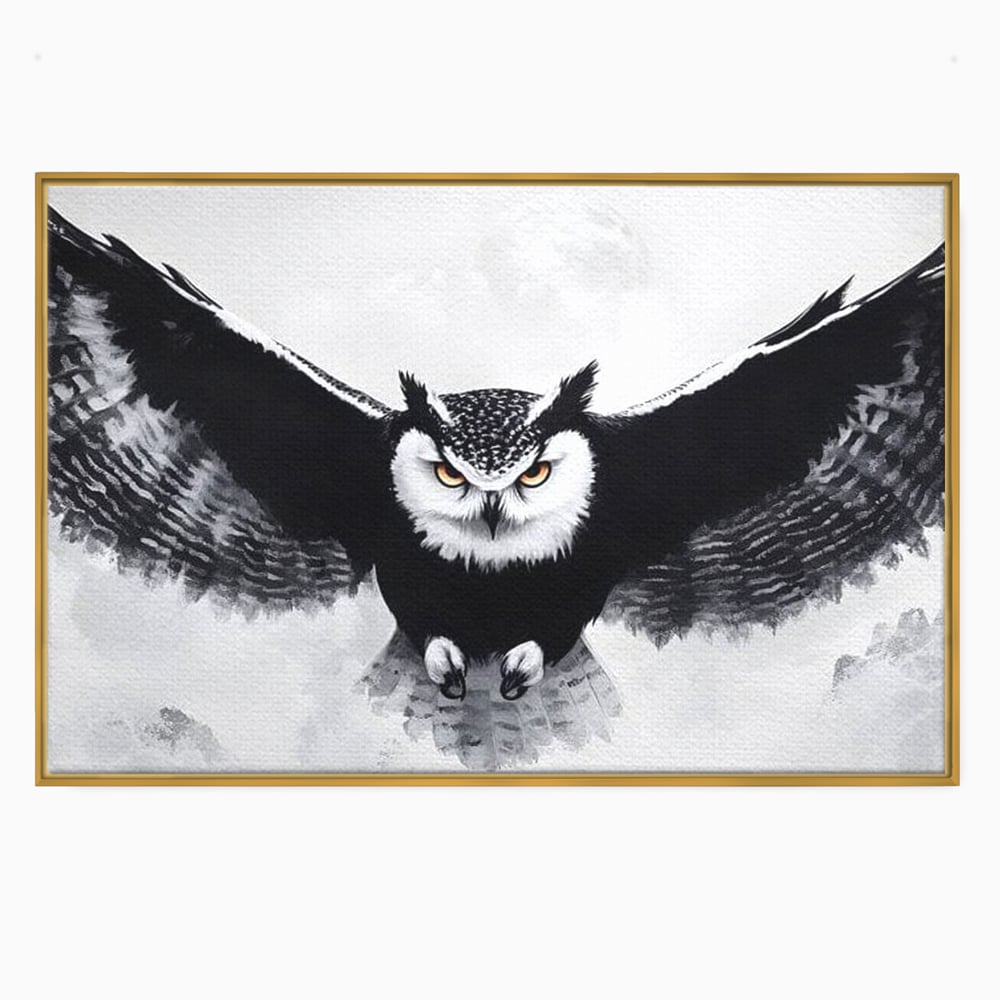 Leinwand Wandkunst Canvas Wall Art Premium, LuxCanva® M1092, Nachtrichter, Schwarz und Weiß, Flug, Flügel, Vogel, Krallen, Klauen, Eule, Kraft, Motivation, Schatten, Blick, Büro, Wohnen, Kinderzimmer