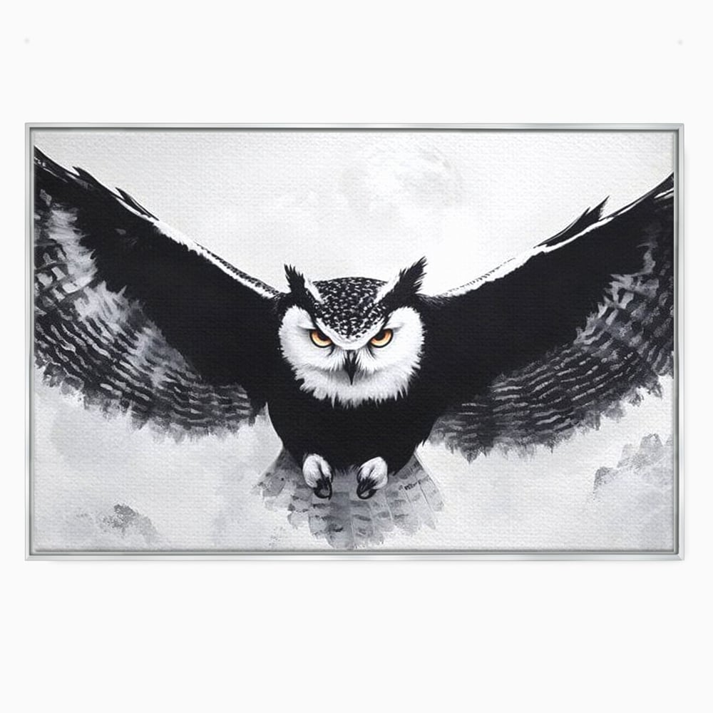 Leinwand Wandkunst Canvas Wall Art Premium, LuxCanva® M1092, Nachtrichter, Schwarz und Weiß, Flug, Flügel, Vogel, Krallen, Klauen, Eule, Kraft, Motivation, Schatten, Blick, Büro, Wohnen, Kinderzimmer