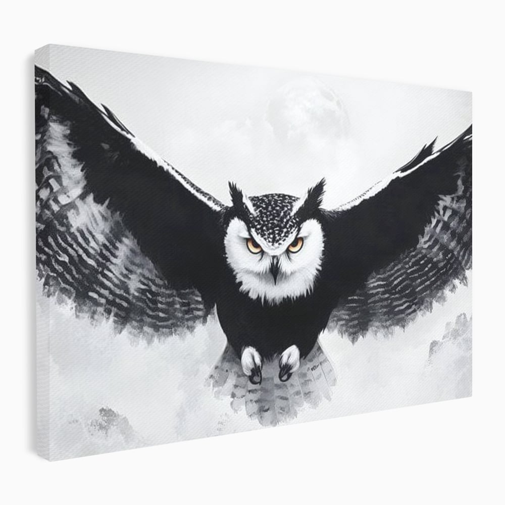 Leinwand Wandkunst Canvas Wall Art Premium, LuxCanva® M1092, Nachtrichter, Schwarz und Weiß, Flug, Flügel, Vogel, Krallen, Klauen, Eule, Kraft, Motivation, Schatten, Blick, Büro, Wohnen, Kinderzimmer
