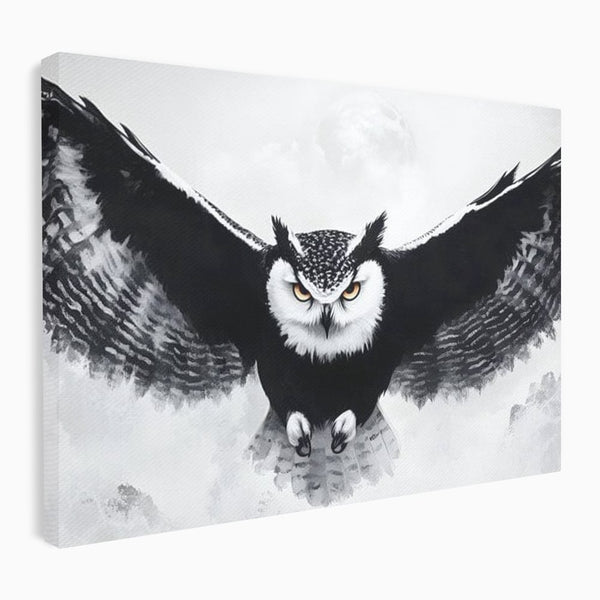 Leinwand Wandkunst Canvas Wall Art Premium, LuxCanva® M1092, Nachtrichter, Schwarz und Weiß, Flug, Flügel, Vogel, Krallen, Klauen, Eule, Kraft, Motivation, Schatten, Blick, Büro, Wohnen, Kinderzimmer