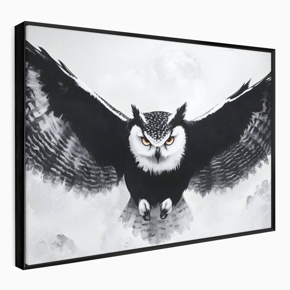 Leinwand Wandkunst Canvas Wall Art Premium, LuxCanva® M1092, Nachtrichter, Schwarz und Weiß, Flug, Flügel, Vogel, Krallen, Klauen, Eule, Kraft, Motivation, Schatten, Blick, Büro, Wohnen, Kinderzimmer