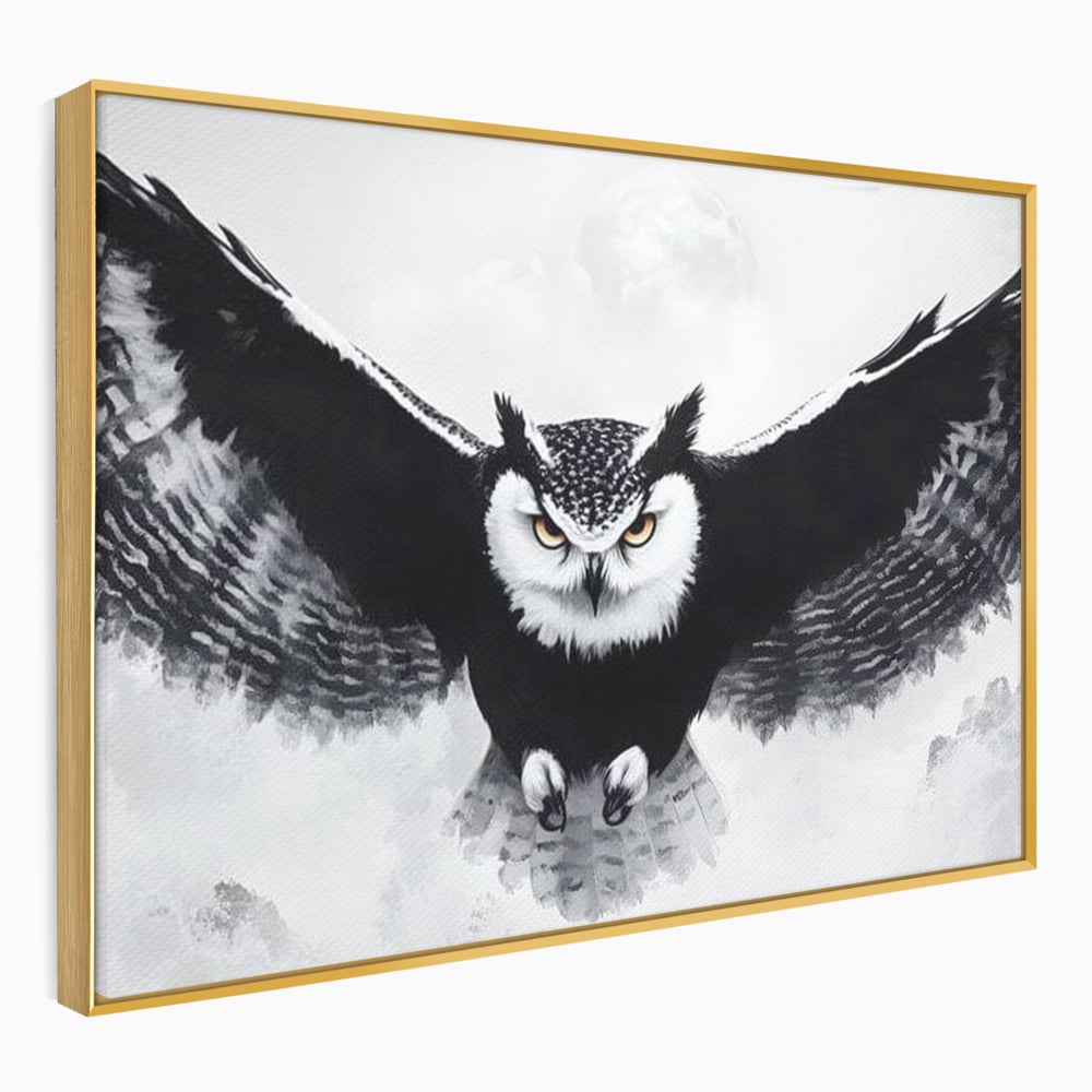 Leinwand Wandkunst Canvas Wall Art Premium, LuxCanva® M1092, Nachtrichter, Schwarz und Weiß, Flug, Flügel, Vogel, Krallen, Klauen, Eule, Kraft, Motivation, Schatten, Blick, Büro, Wohnen, Kinderzimmer