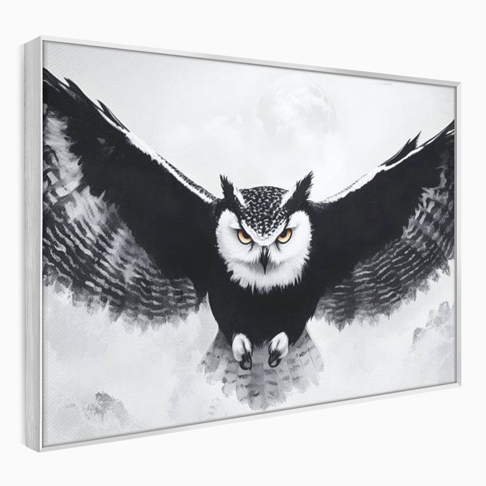 Leinwand Wandkunst Canvas Wall Art Premium, LuxCanva® M1092, Nachtrichter, Schwarz und Weiß, Flug, Flügel, Vogel, Krallen, Klauen, Eule, Kraft, Motivation, Schatten, Blick, Büro, Wohnen, Kinderzimmer