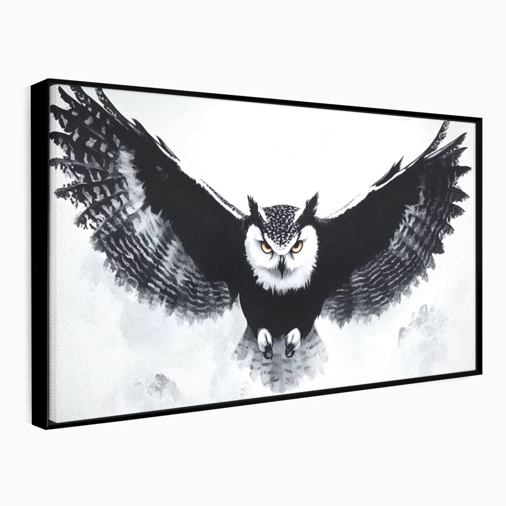 Leinwand Wandkunst Canvas Wall Art Premium, LuxCanva® M1092, Nachtrichter, Schwarz und Weiß, Flug, Flügel, Vogel, Krallen, Klauen, Eule, Kraft, Motivation, Schatten, Blick, Büro, Wohnen, Kinderzimmer