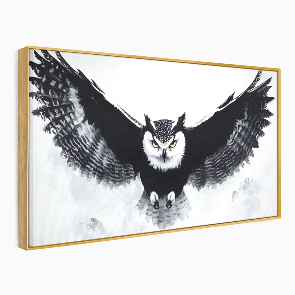 Leinwand Wandkunst Canvas Wall Art Premium, LuxCanva® M1092, Nachtrichter, Schwarz und Weiß, Flug, Flügel, Vogel, Krallen, Klauen, Eule, Kraft, Motivation, Schatten, Blick, Büro, Wohnen, Kinderzimmer