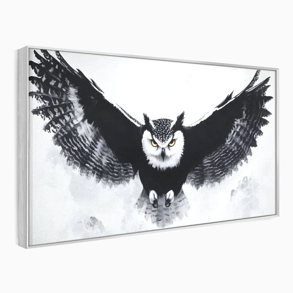 Leinwand Wandkunst Canvas Wall Art Premium, LuxCanva® M1092, Nachtrichter, Schwarz und Weiß, Flug, Flügel, Vogel, Krallen, Klauen, Eule, Kraft, Motivation, Schatten, Blick, Büro, Wohnen, Kinderzimmer