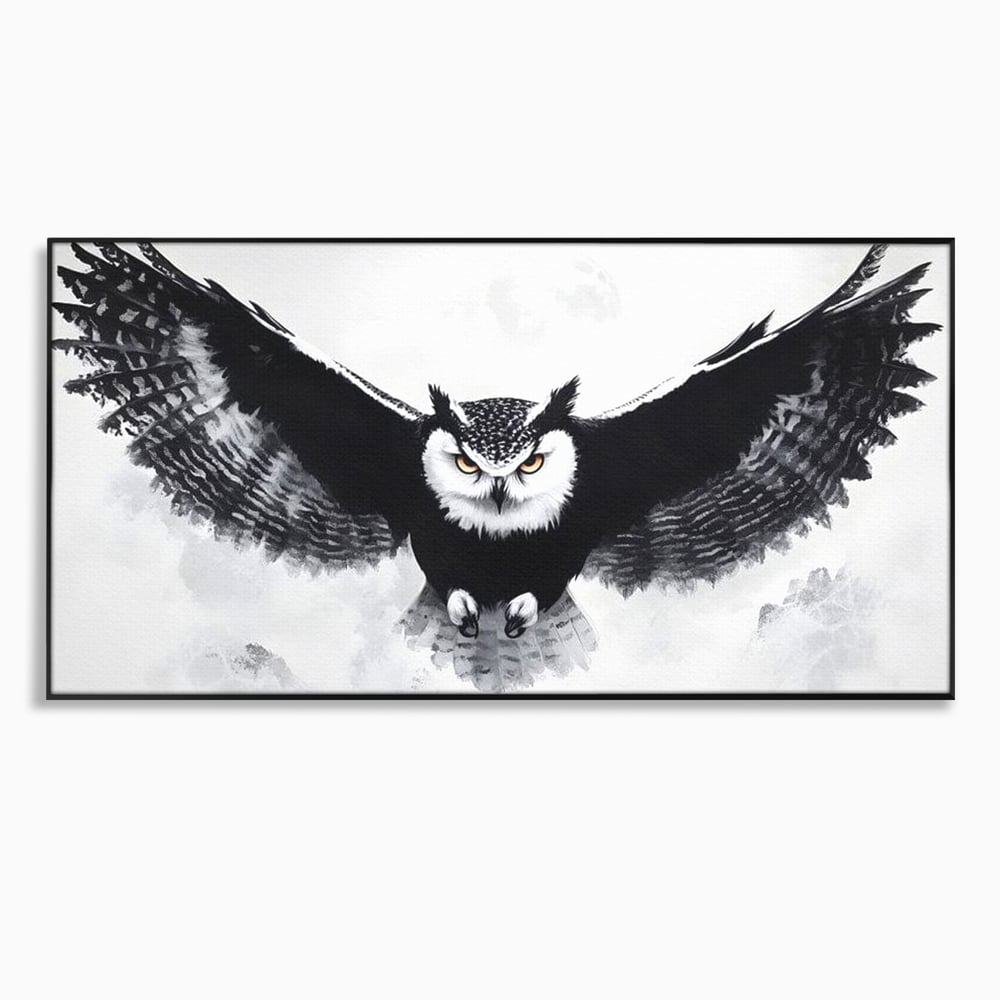Leinwand Wandkunst Canvas Wall Art Premium, LuxCanva® M1092, Nachtrichter, Schwarz und Weiß, Flug, Flügel, Vogel, Krallen, Klauen, Eule, Kraft, Motivation, Schatten, Blick, Büro, Wohnen, Kinderzimmer