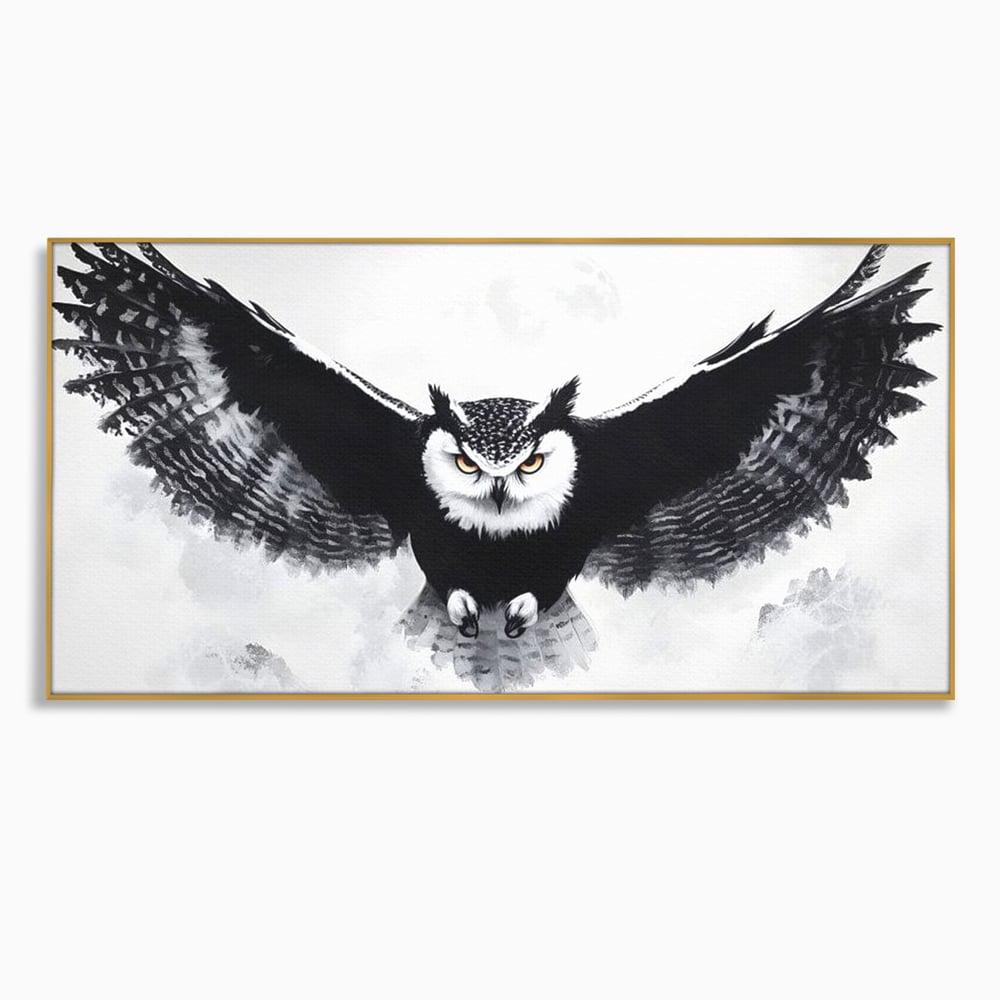 Leinwand Wandkunst Canvas Wall Art Premium, LuxCanva® M1092, Nachtrichter, Schwarz und Weiß, Flug, Flügel, Vogel, Krallen, Klauen, Eule, Kraft, Motivation, Schatten, Blick, Büro, Wohnen, Kinderzimmer
