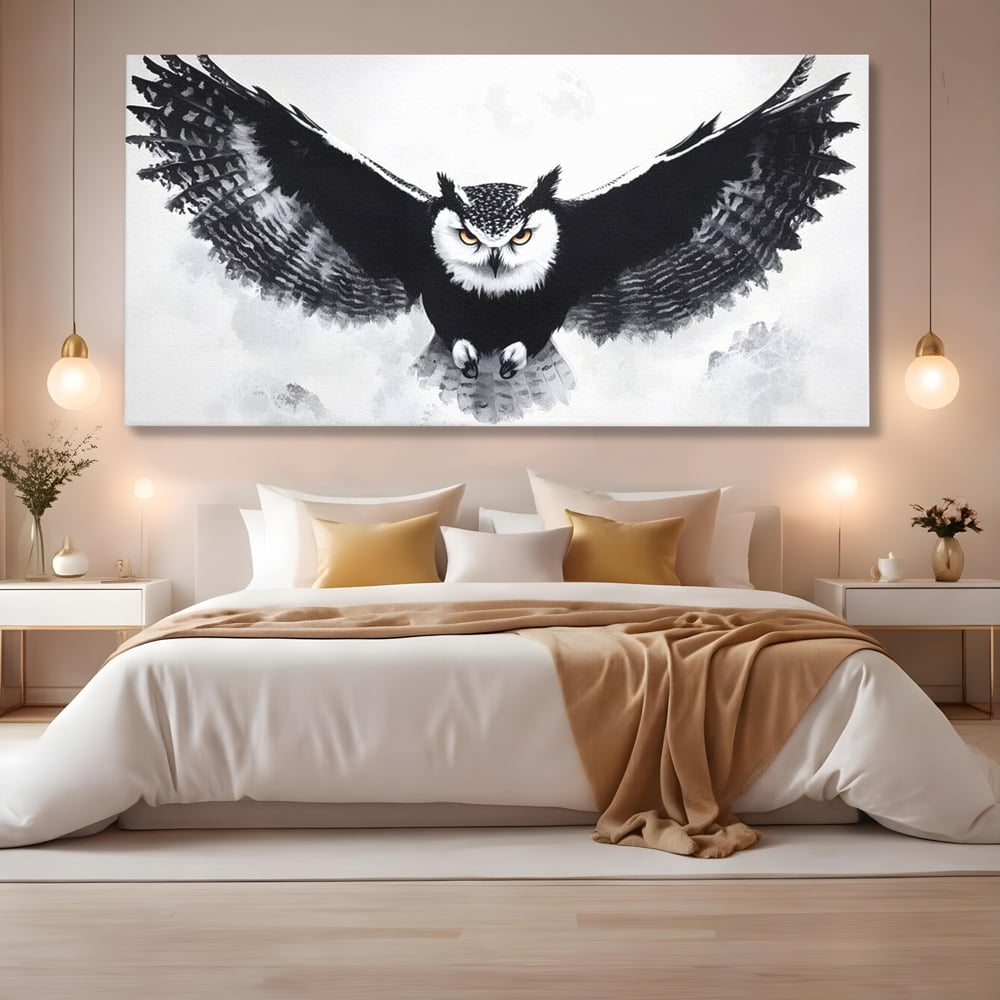 Leinwand Wandkunst Canvas Wall Art Premium, LuxCanva® M1092, Nachtrichter, Schwarz und Weiß, Flug, Flügel, Vogel, Krallen, Klauen, Eule, Kraft, Motivation, Schatten, Blick, Büro, Wohnen, Kinderzimmer