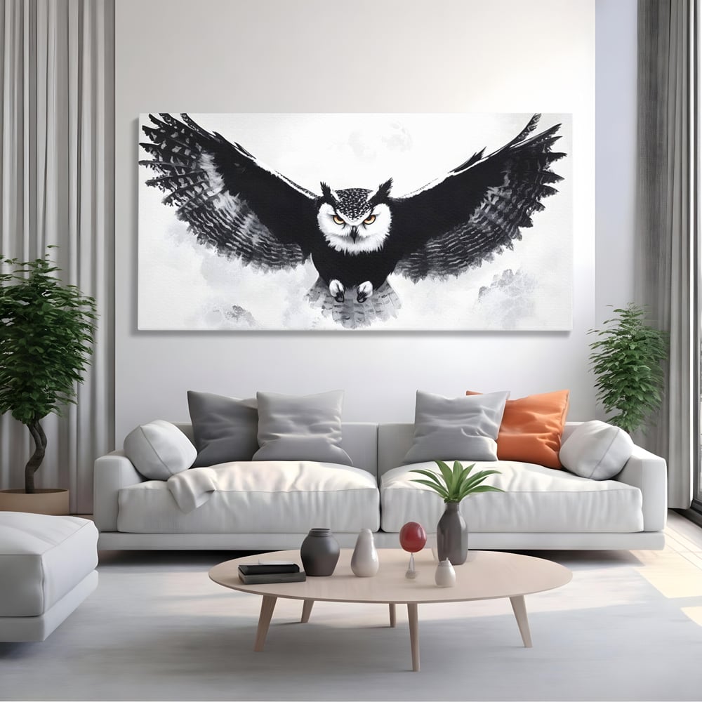 Leinwand Wandkunst Canvas Wall Art Premium, LuxCanva® M1092, Nachtrichter, Schwarz und Weiß, Flug, Flügel, Vogel, Krallen, Klauen, Eule, Kraft, Motivation, Schatten, Blick, Büro, Wohnen, Kinderzimmer