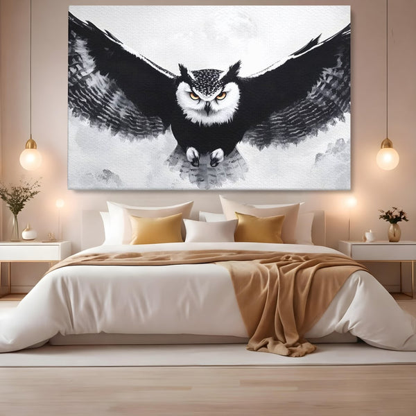 Leinwand Wandkunst Canvas Wall Art Premium, LuxCanva® M1092, Nachtrichter, Schwarz und Weiß, Flug, Flügel, Vogel, Krallen, Klauen, Eule, Kraft, Motivation, Schatten, Blick, Büro, Wohnen, Kinderzimmer