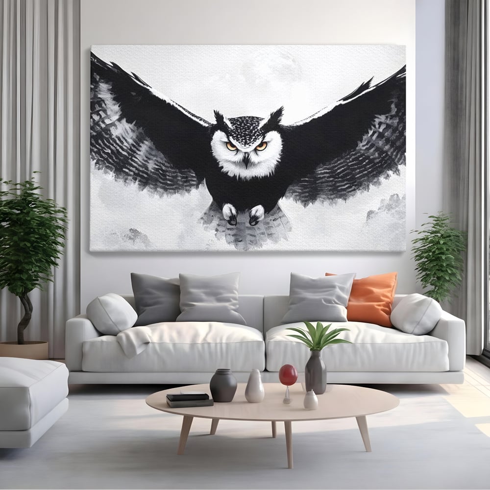 Leinwand Wandkunst Canvas Wall Art Premium, LuxCanva® M1092, Nachtrichter, Schwarz und Weiß, Flug, Flügel, Vogel, Krallen, Klauen, Eule, Kraft, Motivation, Schatten, Blick, Büro, Wohnen, Kinderzimmer