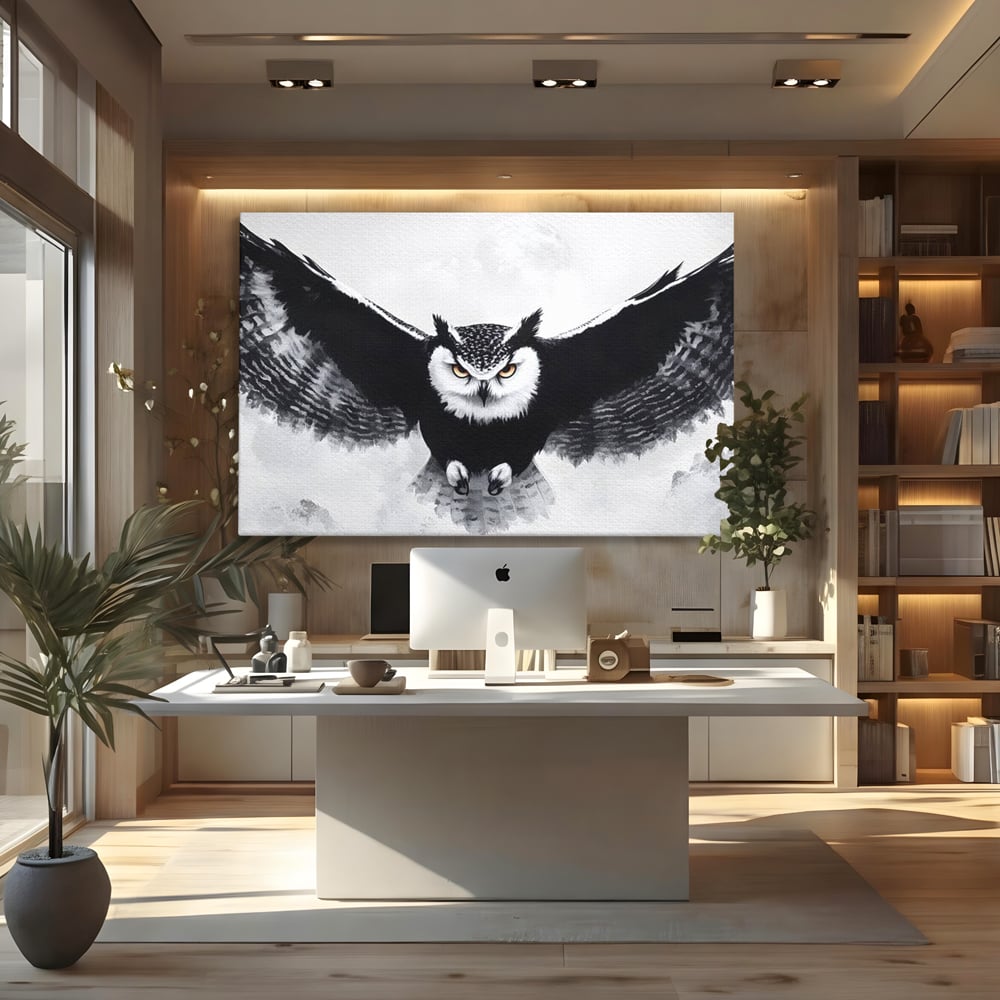 Leinwand Wandkunst Canvas Wall Art Premium, LuxCanva® M1092, Nachtrichter, Schwarz und Weiß, Flug, Flügel, Vogel, Krallen, Klauen, Eule, Kraft, Motivation, Schatten, Blick, Büro, Wohnen, Kinderzimmer