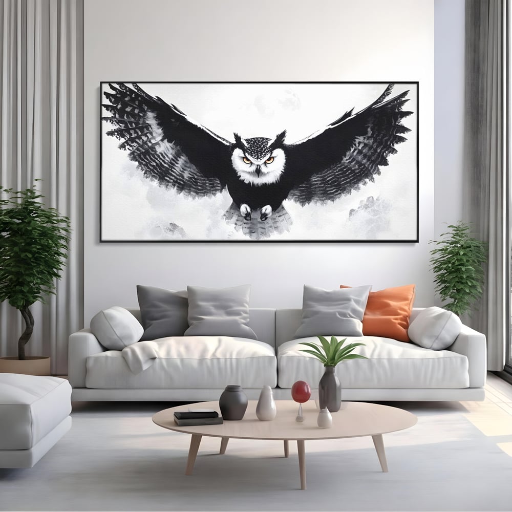 Leinwand Wandkunst Canvas Wall Art Premium, LuxCanva® M1092, Nachtrichter, Schwarz und Weiß, Flug, Flügel, Vogel, Krallen, Klauen, Eule, Kraft, Motivation, Schatten, Blick, Büro, Wohnen, Kinderzimmer