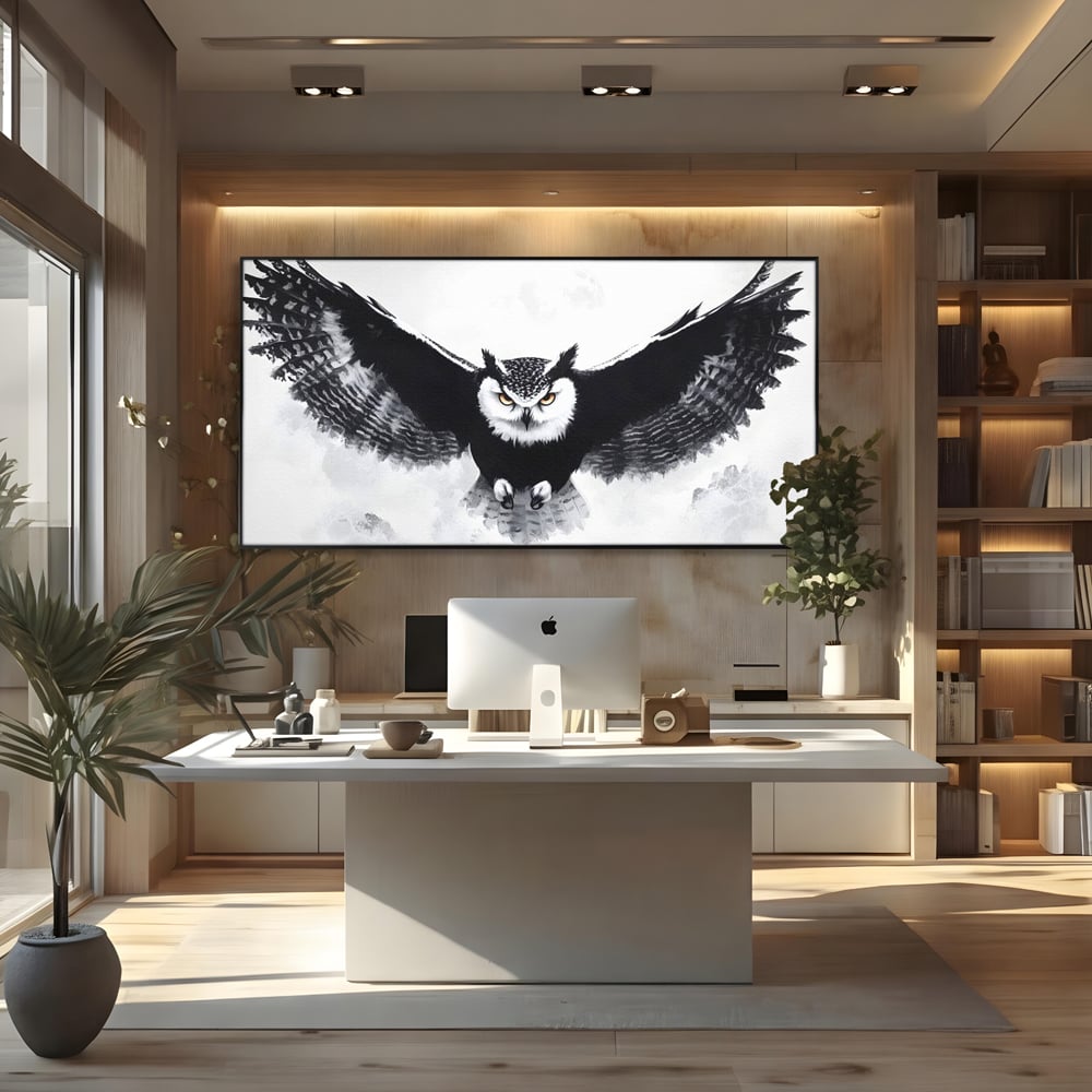 Leinwand Wandkunst Canvas Wall Art Premium, LuxCanva® M1092, Nachtrichter, Schwarz und Weiß, Flug, Flügel, Vogel, Krallen, Klauen, Eule, Kraft, Motivation, Schatten, Blick, Büro, Wohnen, Kinderzimmer