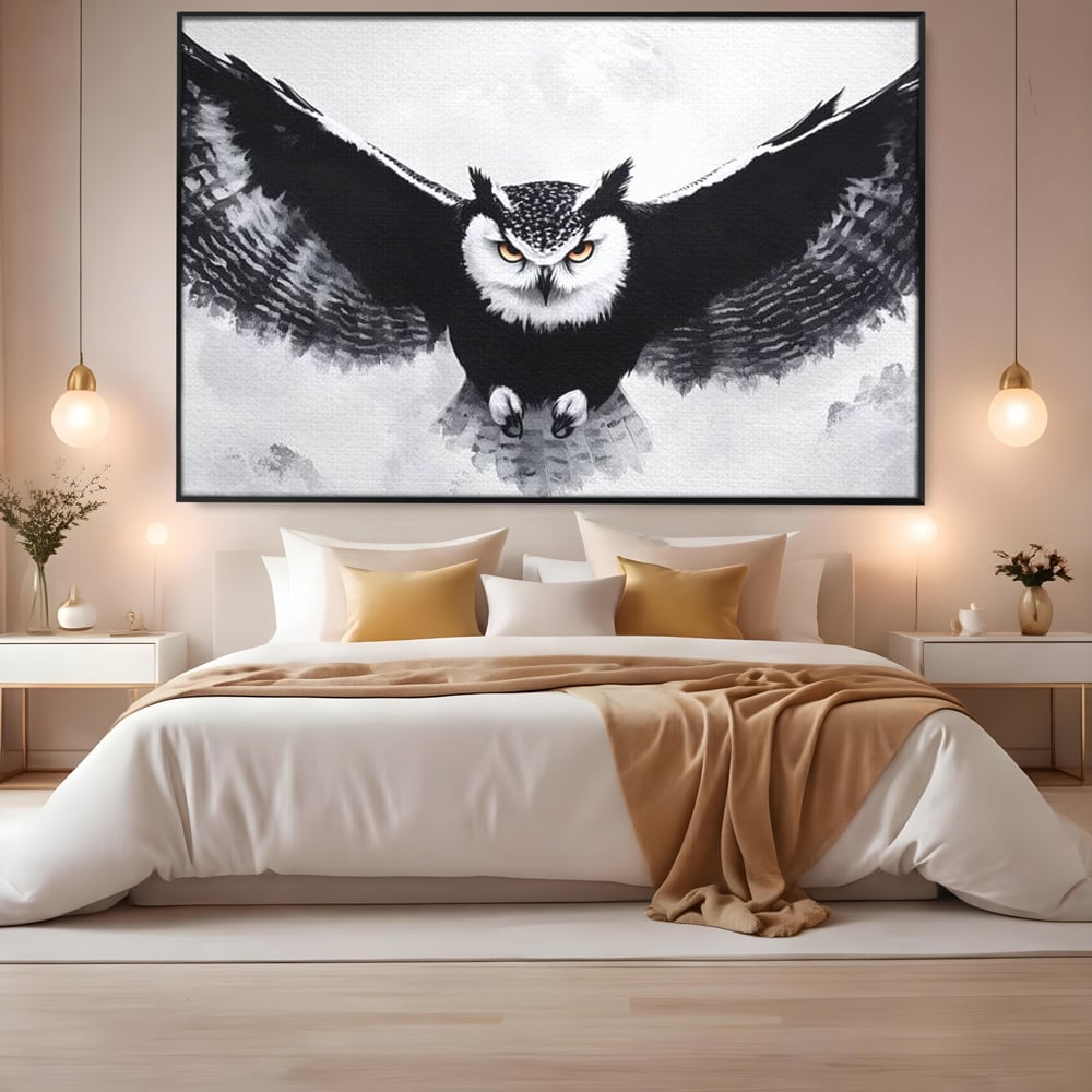Leinwand Wandkunst Canvas Wall Art Premium, LuxCanva® M1092, Nachtrichter, Schwarz und Weiß, Flug, Flügel, Vogel, Krallen, Klauen, Eule, Kraft, Motivation, Schatten, Blick, Büro, Wohnen, Kinderzimmer