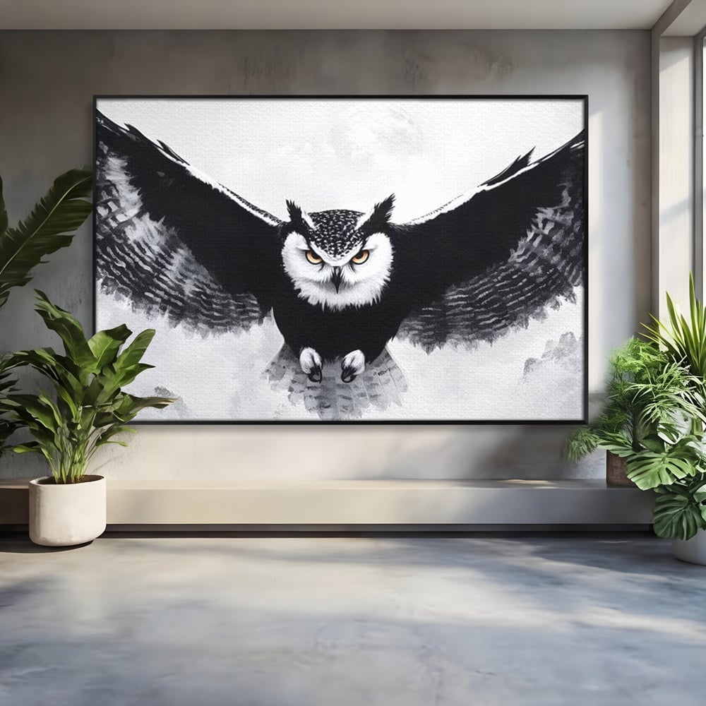 Leinwand Wandkunst Canvas Wall Art Premium, LuxCanva® M1092, Nachtrichter, Schwarz und Weiß, Flug, Flügel, Vogel, Krallen, Klauen, Eule, Kraft, Motivation, Schatten, Blick, Büro, Wohnen, Kinderzimmer