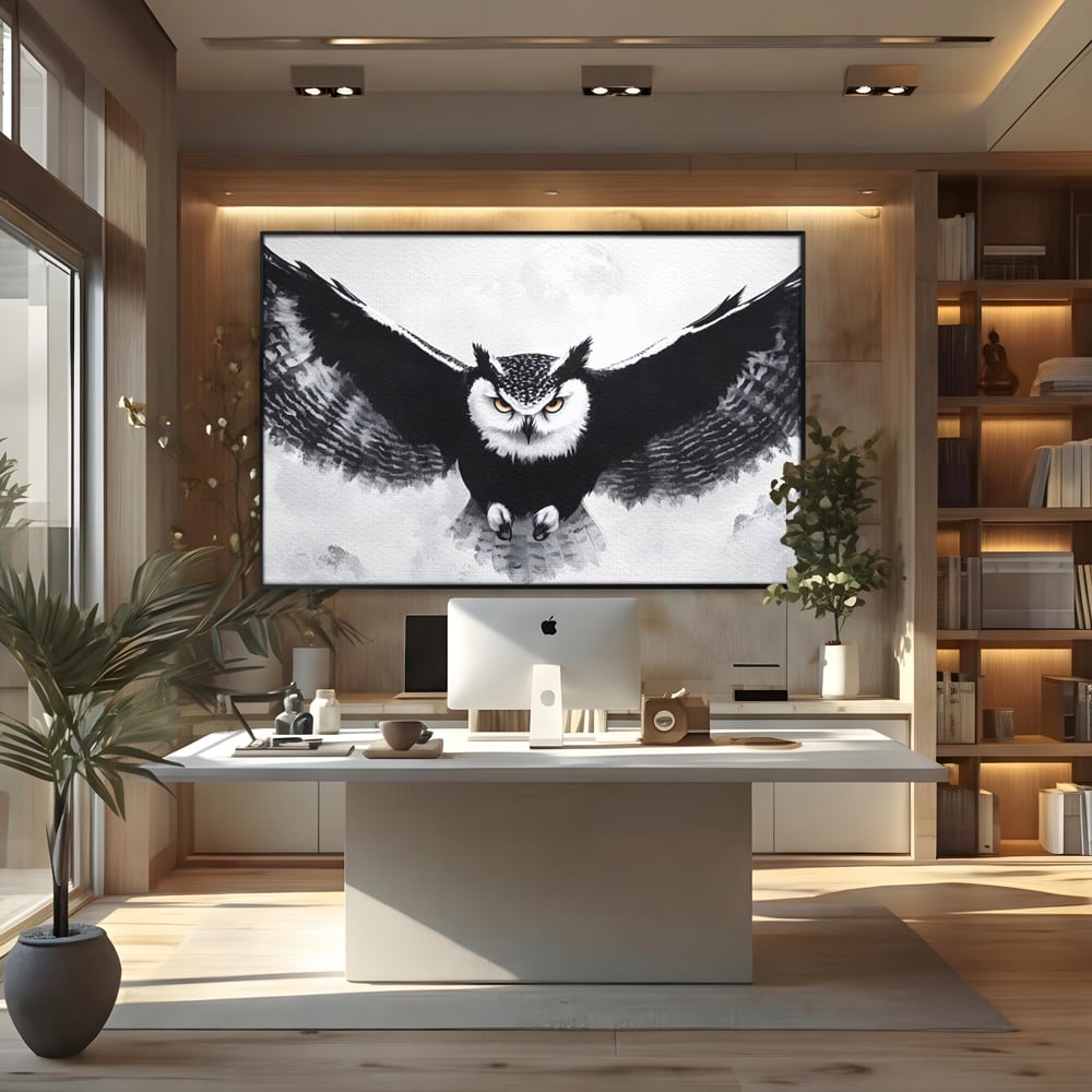 Leinwand Wandkunst Canvas Wall Art Premium, LuxCanva® M1092, Nachtrichter, Schwarz und Weiß, Flug, Flügel, Vogel, Krallen, Klauen, Eule, Kraft, Motivation, Schatten, Blick, Büro, Wohnen, Kinderzimmer