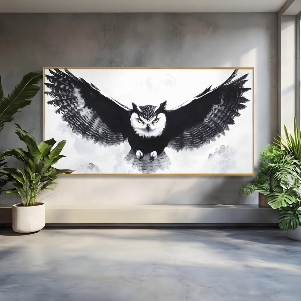 Leinwand Wandkunst Canvas Wall Art Premium, LuxCanva® M1092, Nachtrichter, Schwarz und Weiß, Flug, Flügel, Vogel, Krallen, Klauen, Eule, Kraft, Motivation, Schatten, Blick, Büro, Wohnen, Kinderzimmer