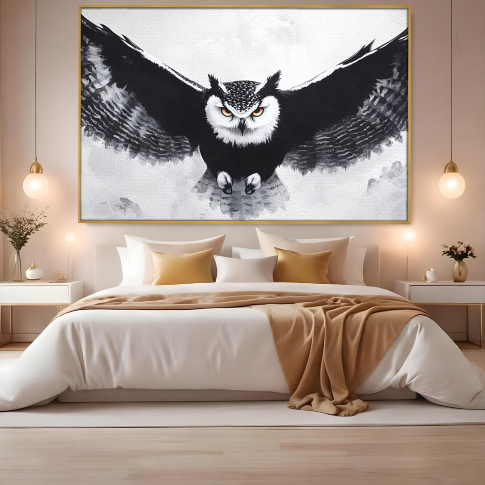 Leinwand Wandkunst Canvas Wall Art Premium, LuxCanva® M1092, Nachtrichter, Schwarz und Weiß, Flug, Flügel, Vogel, Krallen, Klauen, Eule, Kraft, Motivation, Schatten, Blick, Büro, Wohnen, Kinderzimmer