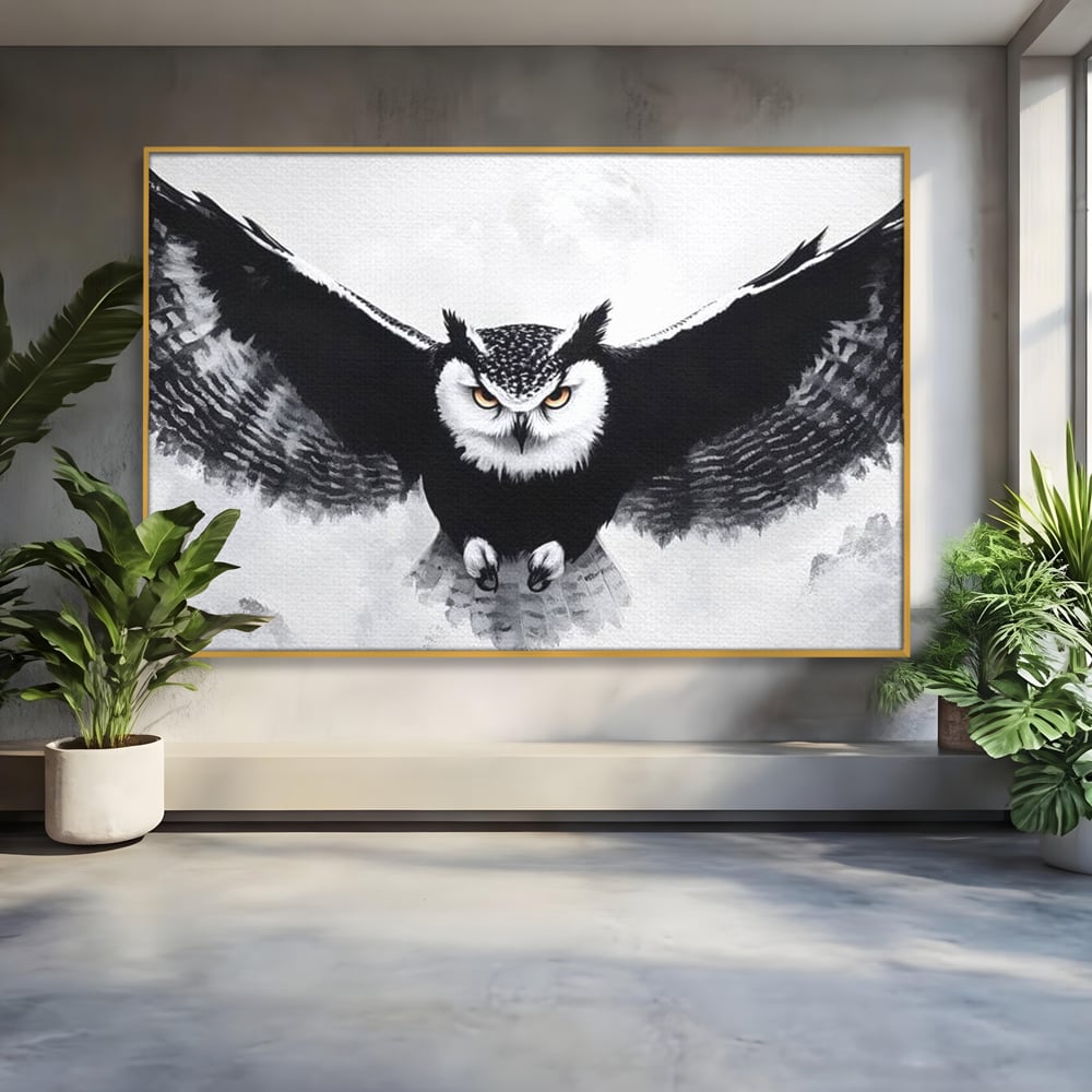 Leinwand Wandkunst Canvas Wall Art Premium, LuxCanva® M1092, Nachtrichter, Schwarz und Weiß, Flug, Flügel, Vogel, Krallen, Klauen, Eule, Kraft, Motivation, Schatten, Blick, Büro, Wohnen, Kinderzimmer