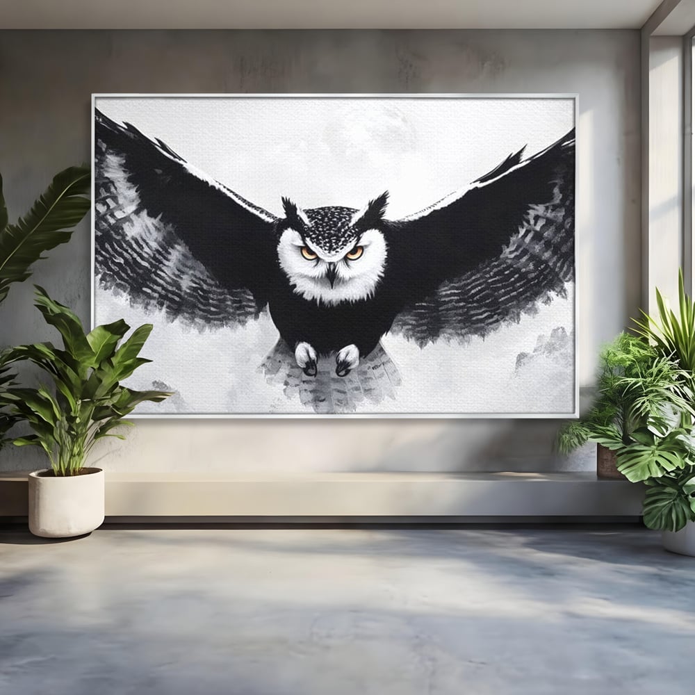 Leinwand Wandkunst Canvas Wall Art Premium, LuxCanva® M1092, Nachtrichter, Schwarz und Weiß, Flug, Flügel, Vogel, Krallen, Klauen, Eule, Kraft, Motivation, Schatten, Blick, Büro, Wohnen, Kinderzimmer