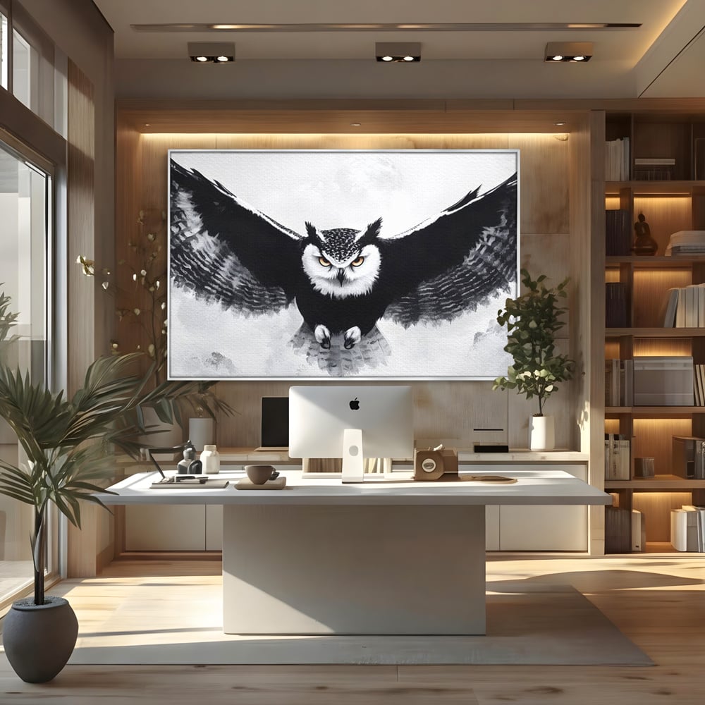 Leinwand Wandkunst Canvas Wall Art Premium, LuxCanva® M1092, Nachtrichter, Schwarz und Weiß, Flug, Flügel, Vogel, Krallen, Klauen, Eule, Kraft, Motivation, Schatten, Blick, Büro, Wohnen, Kinderzimmer