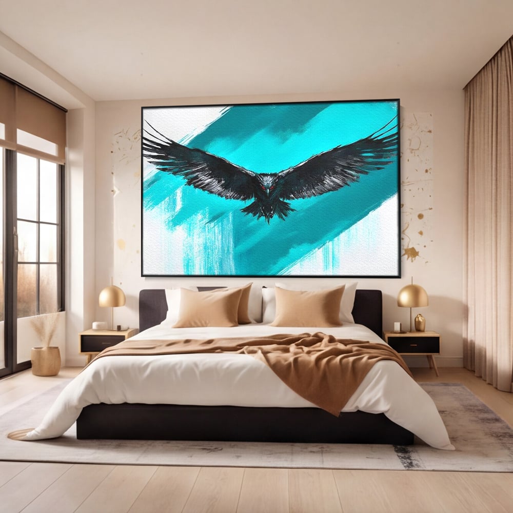 Tablou Canvas Premium, LuxCanva® M1094, Mesager Nevazut, Vultur, Zbor, Aripi, Libertate, Putere, Contrast, Turcoaz, Azur, Metalic, Grafit, Pictura, Birou, Living, Camera Copil