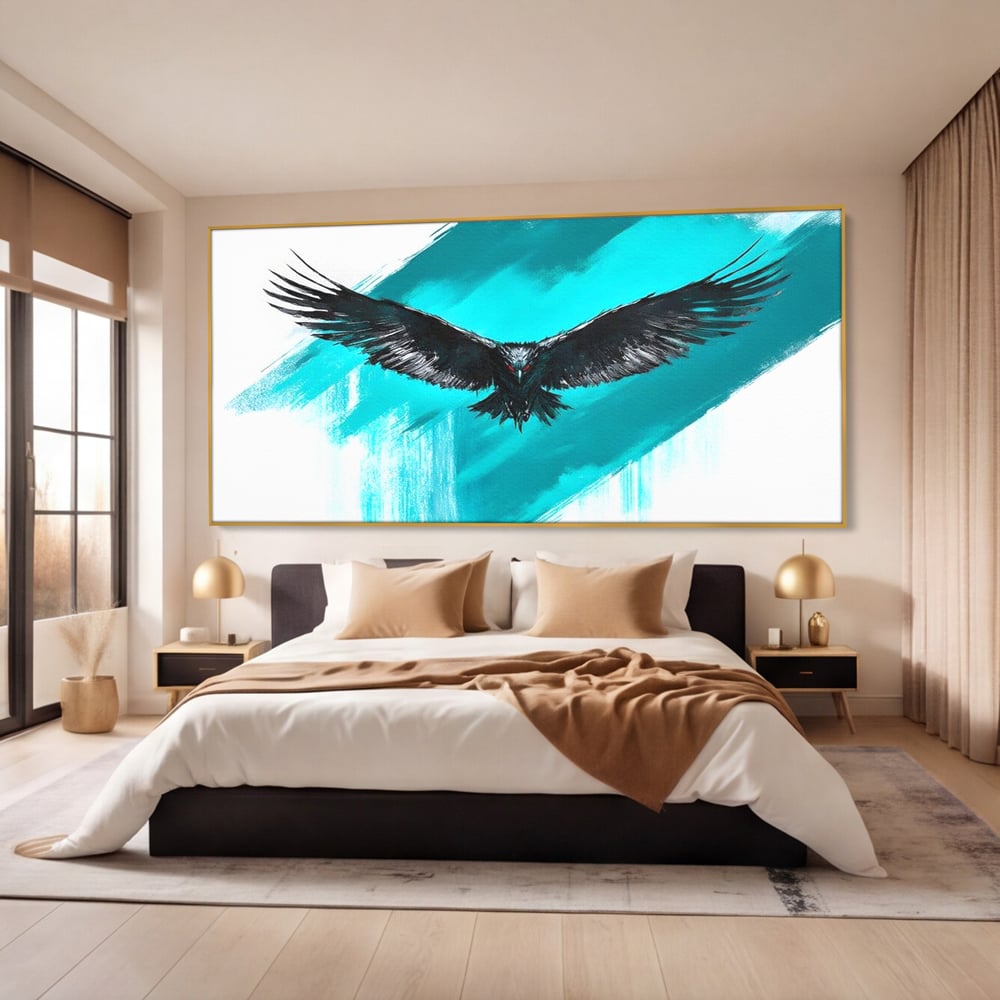 Tablou Canvas Premium, LuxCanva® M1094, Mesager Nevazut, Vultur, Zbor, Aripi, Libertate, Putere, Contrast, Turcoaz, Azur, Metalic, Grafit, Pictura, Birou, Living, Camera Copil