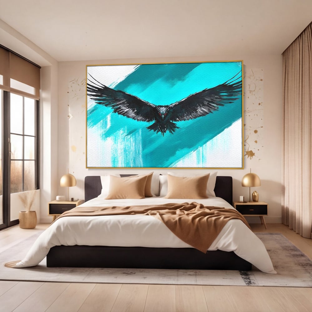 Tablou Canvas Premium, LuxCanva® M1094, Mesager Nevazut, Vultur, Zbor, Aripi, Libertate, Putere, Contrast, Turcoaz, Azur, Metalic, Grafit, Pictura, Birou, Living, Camera Copil