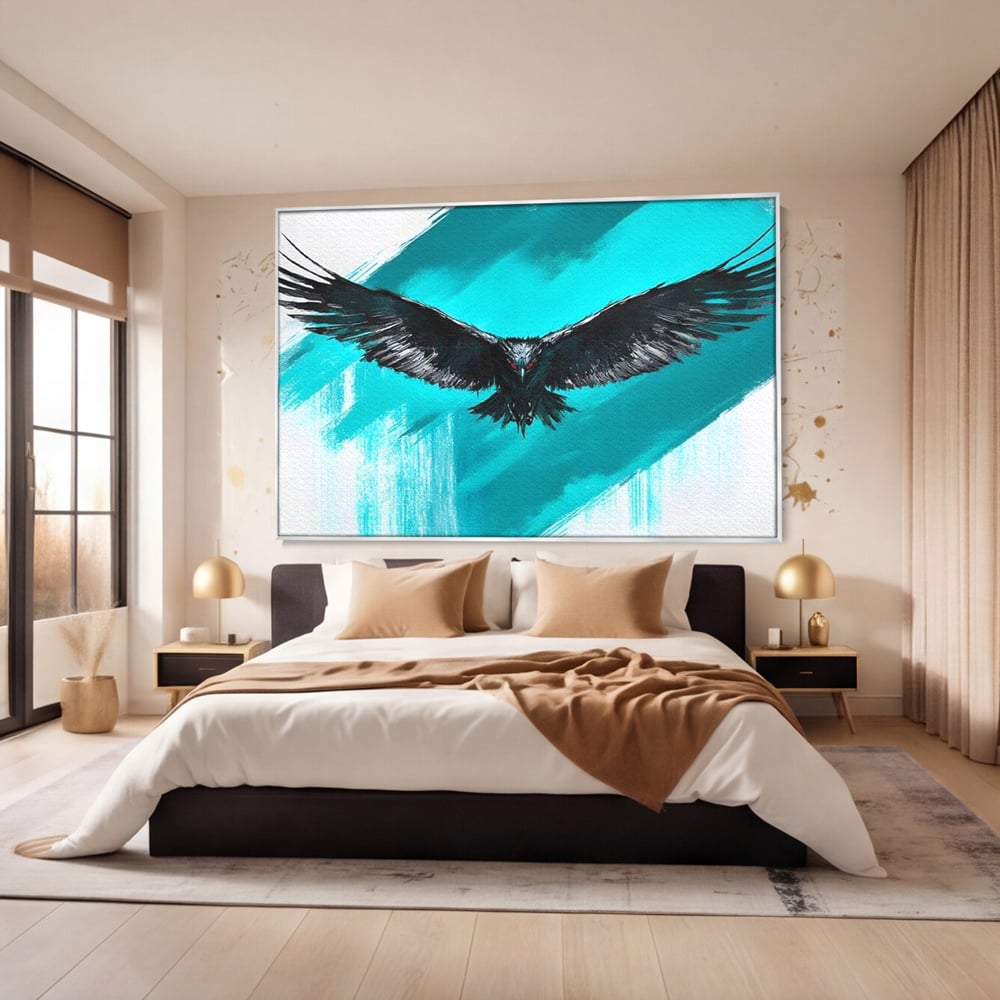 Tablou Canvas Premium, LuxCanva® M1094, Mesager Nevazut, Vultur, Zbor, Aripi, Libertate, Putere, Contrast, Turcoaz, Azur, Metalic, Grafit, Pictura, Birou, Living, Camera Copil