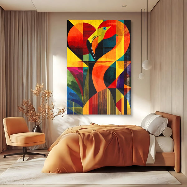 Tablou Canvas Premium, LuxCanva® M1095, Oglinda Tropicala, Flamingo, Abstract, Cubism, Tropical, Geometrie, Caleidoscop, Expresionism, Pigment, Birou, Living, Camera Copil