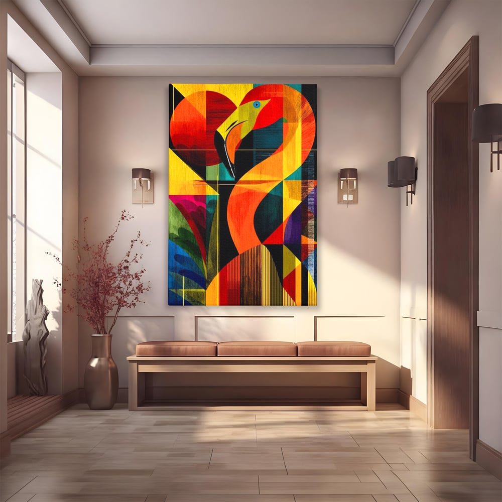 Tablou Canvas Premium, LuxCanva® M1095, Oglinda Tropicala, Flamingo, Abstract, Cubism, Tropical, Geometrie, Caleidoscop, Expresionism, Pigment, Birou, Living, Camera Copil