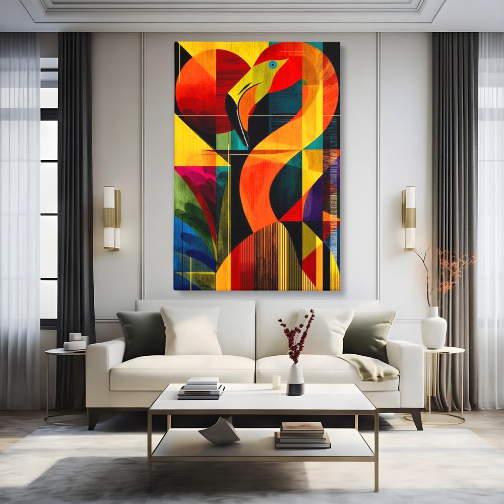 Tablou Canvas Premium, LuxCanva® M1095, Oglinda Tropicala, Flamingo, Abstract, Cubism, Tropical, Geometrie, Caleidoscop, Expresionism, Pigment, Birou, Living, Camera Copil