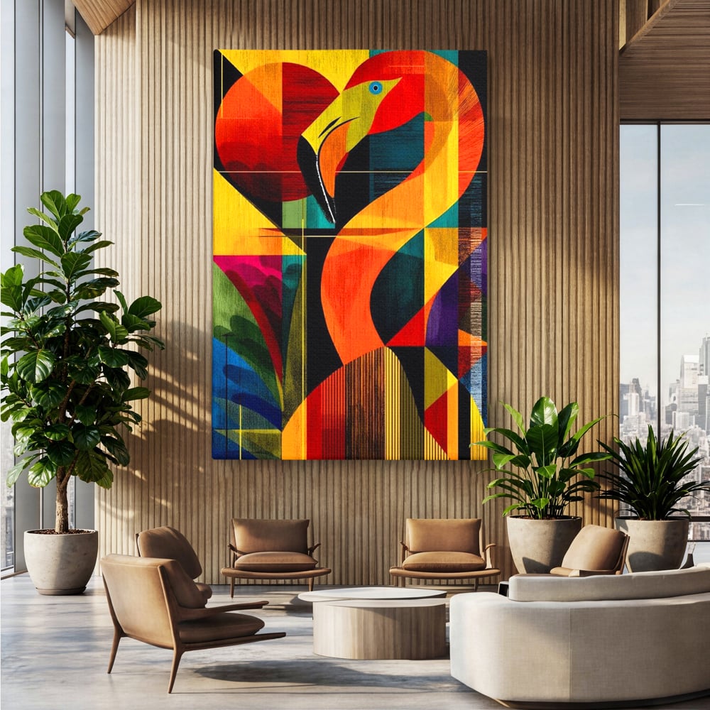 Tablou Canvas Premium, LuxCanva® M1095, Oglinda Tropicala, Flamingo, Abstract, Cubism, Tropical, Geometrie, Caleidoscop, Expresionism, Pigment, Birou, Living, Camera Copil