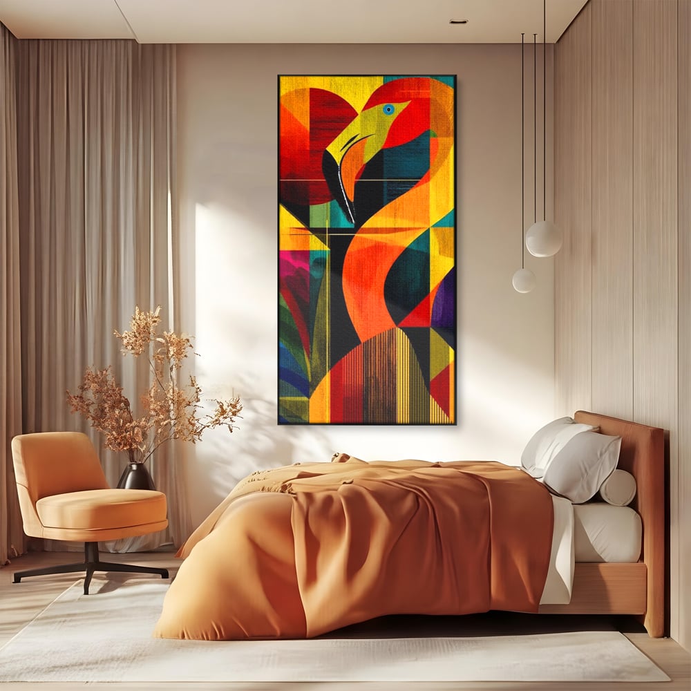 Tablou Canvas Premium, LuxCanva® M1095, Oglinda Tropicala, Flamingo, Abstract, Cubism, Tropical, Geometrie, Caleidoscop, Expresionism, Pigment, Birou, Living, Camera Copil