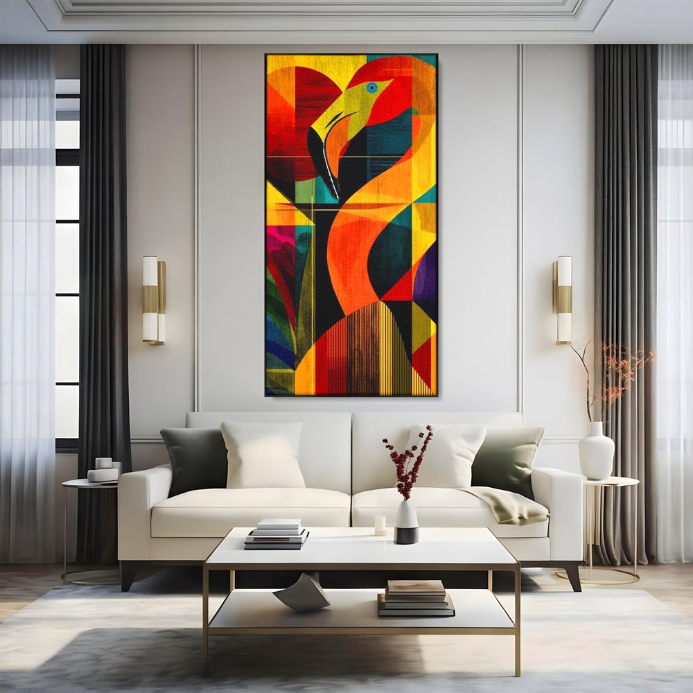 Tablou Canvas Premium, LuxCanva® M1095, Oglinda Tropicala, Flamingo, Abstract, Cubism, Tropical, Geometrie, Caleidoscop, Expresionism, Pigment, Birou, Living, Camera Copil
