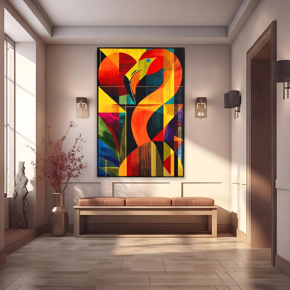 Tablou Canvas Premium, LuxCanva® M1095, Oglinda Tropicala, Flamingo, Abstract, Cubism, Tropical, Geometrie, Caleidoscop, Expresionism, Pigment, Birou, Living, Camera Copil