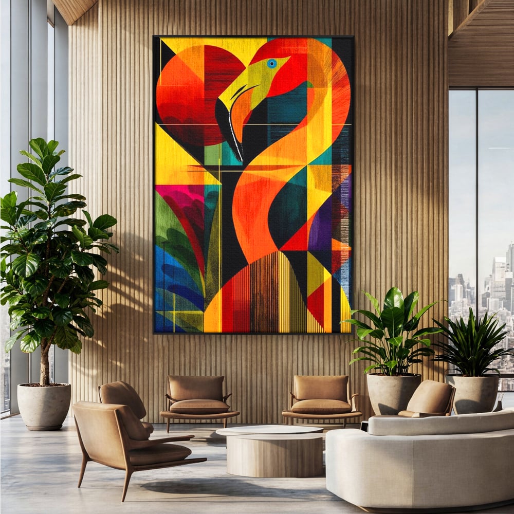 Tablou Canvas Premium, LuxCanva® M1095, Oglinda Tropicala, Flamingo, Abstract, Cubism, Tropical, Geometrie, Caleidoscop, Expresionism, Pigment, Birou, Living, Camera Copil