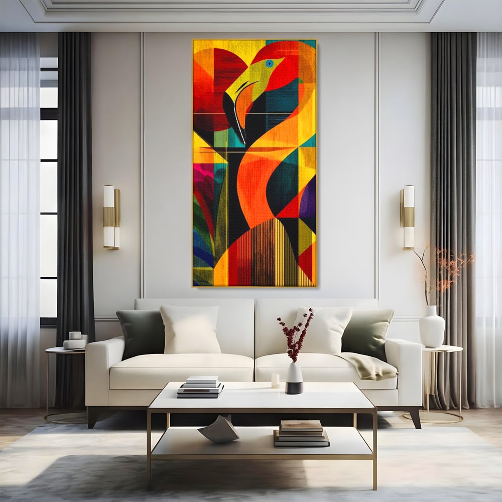 Tablou Canvas Premium, LuxCanva® M1095, Oglinda Tropicala, Flamingo, Abstract, Cubism, Tropical, Geometrie, Caleidoscop, Expresionism, Pigment, Birou, Living, Camera Copil