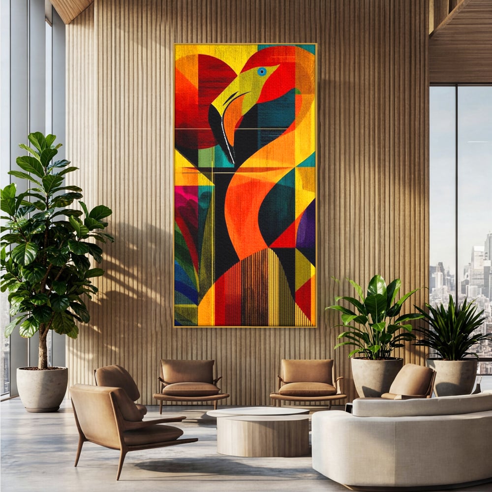 Tablou Canvas Premium, LuxCanva® M1095, Oglinda Tropicala, Flamingo, Abstract, Cubism, Tropical, Geometrie, Caleidoscop, Expresionism, Pigment, Birou, Living, Camera Copil