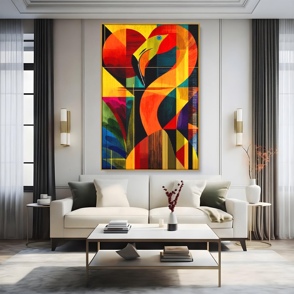 Tablou Canvas Premium, LuxCanva® M1095, Oglinda Tropicala, Flamingo, Abstract, Cubism, Tropical, Geometrie, Caleidoscop, Expresionism, Pigment, Birou, Living, Camera Copil