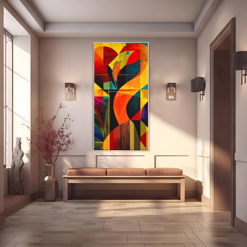 Tablou Canvas Premium, LuxCanva® M1095, Oglinda Tropicala, Flamingo, Abstract, Cubism, Tropical, Geometrie, Caleidoscop, Expresionism, Pigment, Birou, Living, Camera Copil