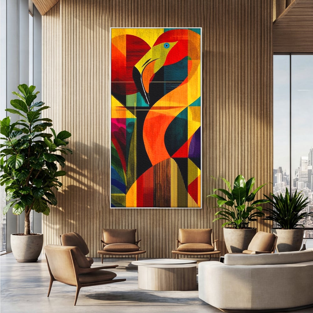 Tablou Canvas Premium, LuxCanva® M1095, Oglinda Tropicala, Flamingo, Abstract, Cubism, Tropical, Geometrie, Caleidoscop, Expresionism, Pigment, Birou, Living, Camera Copil